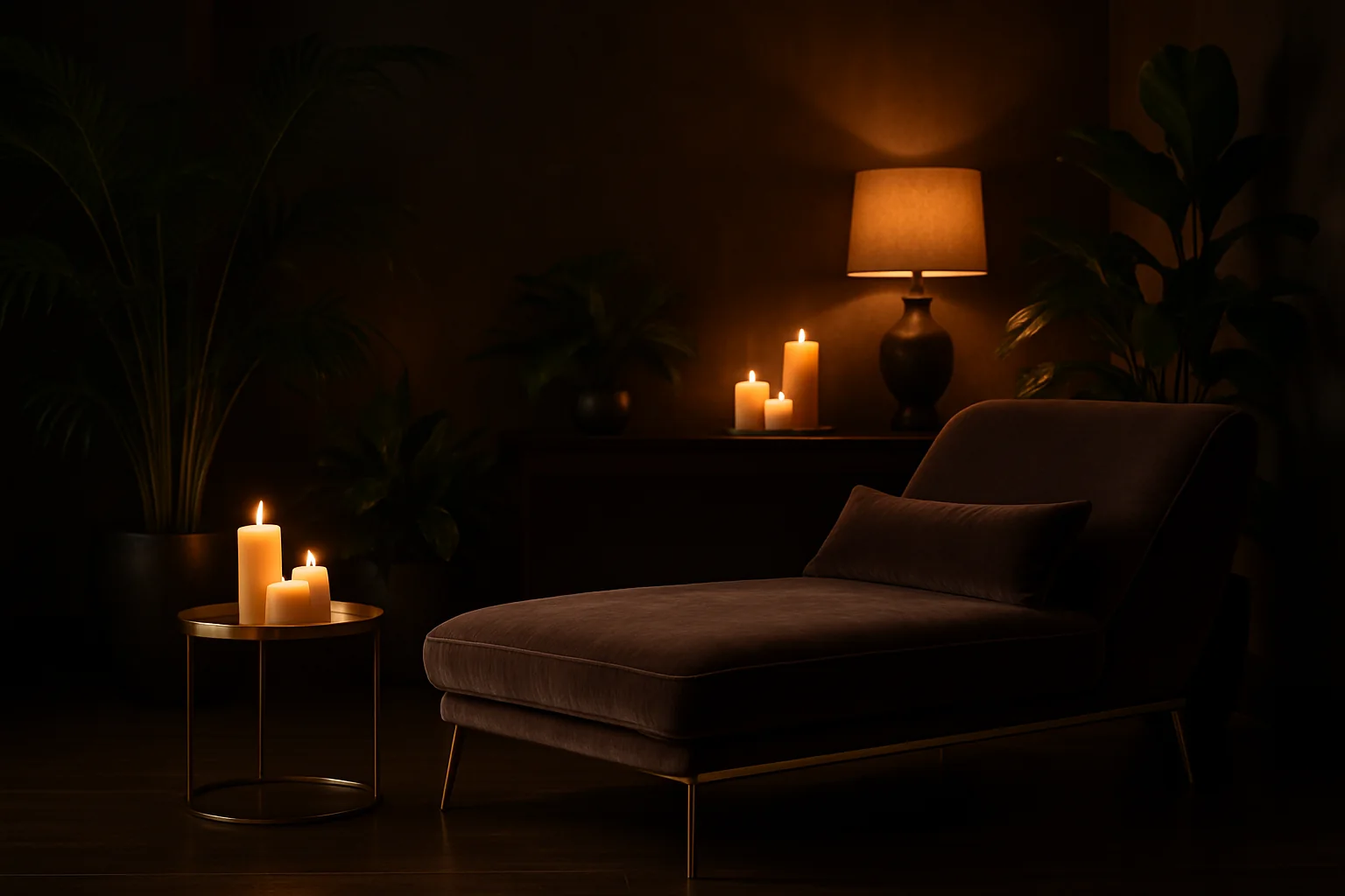 Zona de descanso con butaca a la luz de las velas
