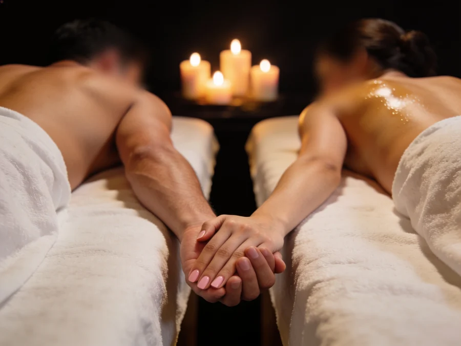 La pareja se coge de la mano entre las dos camillas durante el masaje