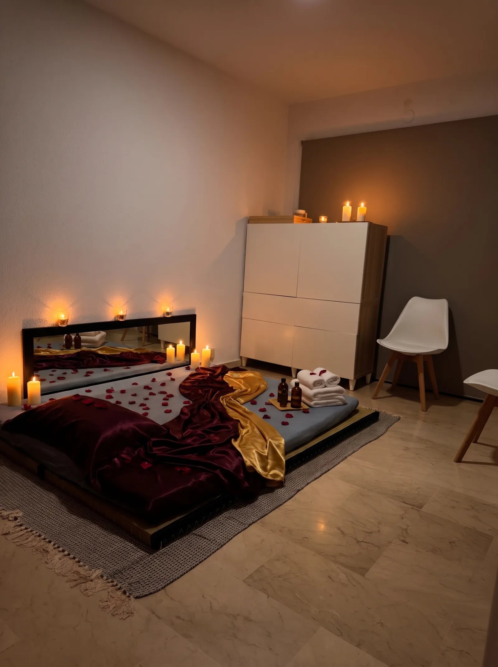 Sala Ámbar de Áurea Tantra, con futón sobre tatami, espejo bajo y armario blanco a la luz de las velas con pétalos de rosa.