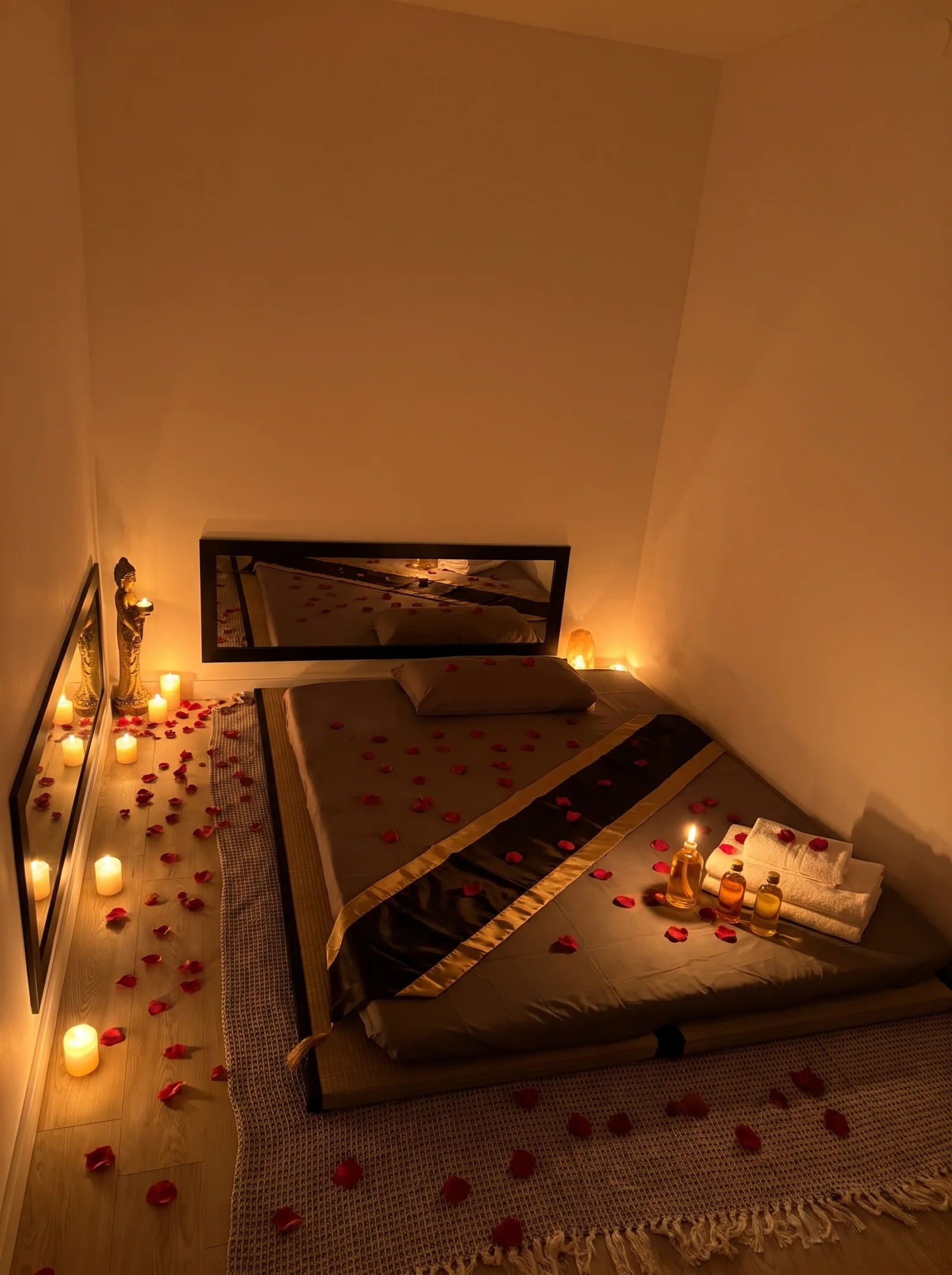 Sala Zen de Áurea Tantra, con futón sobre tatami, espejos, Buda dorado, velas y pétalos de rosa en penumbra.